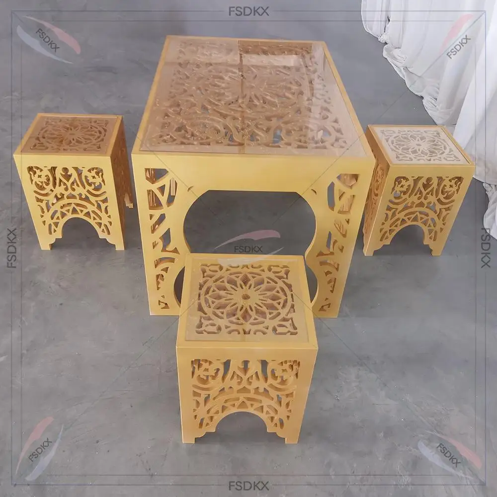 Hot selling wedding decoration square golden cake table glass top gold acrylic dining table for cake display