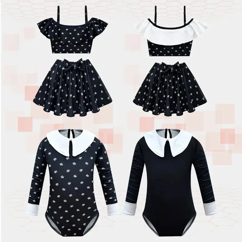 

Movie Wednesday Cosplay Swimsuit Girls Vintage Versatile Black Floral Bathing Suit Kids Addams Role Play Costume Halloween Party
