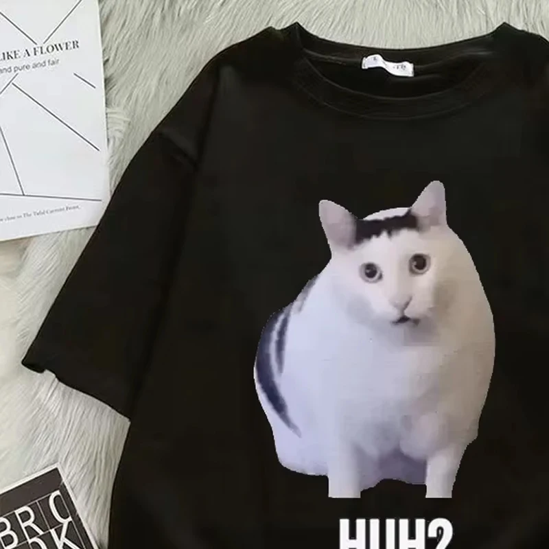 

Women's Oversized T-Shirt 'Cat Saying Huh' Funny Meme Breathable Short Sleeve Harajuku Fashion Tee Shirt