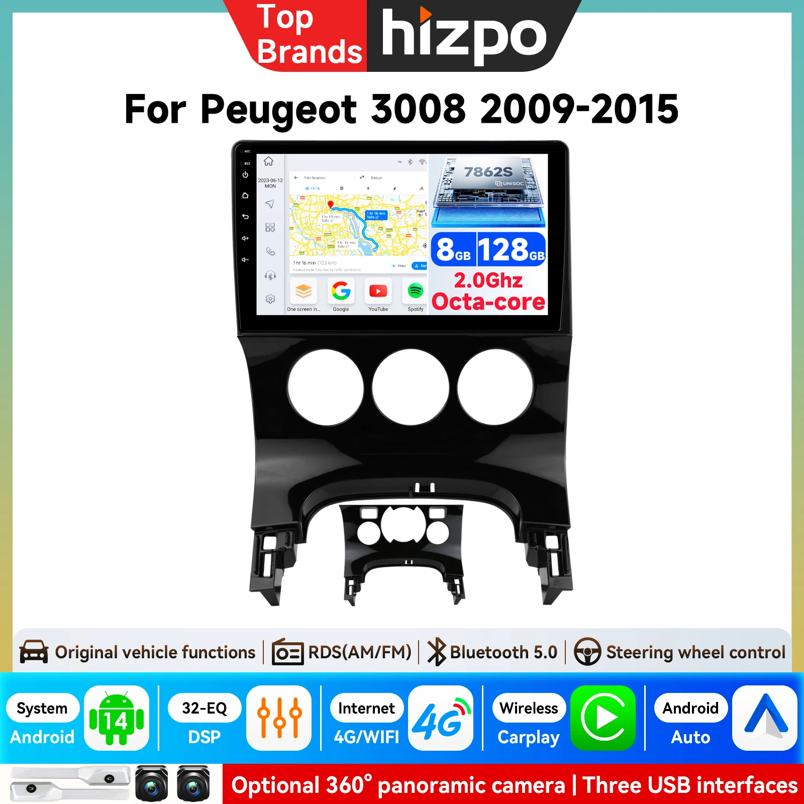 Image of Hizpo 9 Zoll 2 Din Android Autoradio für Peugeot 3008 2009-2016 Android Auto 4G LTE Wireless Carplay DSP Multimedia Player 2Din Stereo Autoradio Navigation GPS Auto AI Intelligente Systeme Head Unit