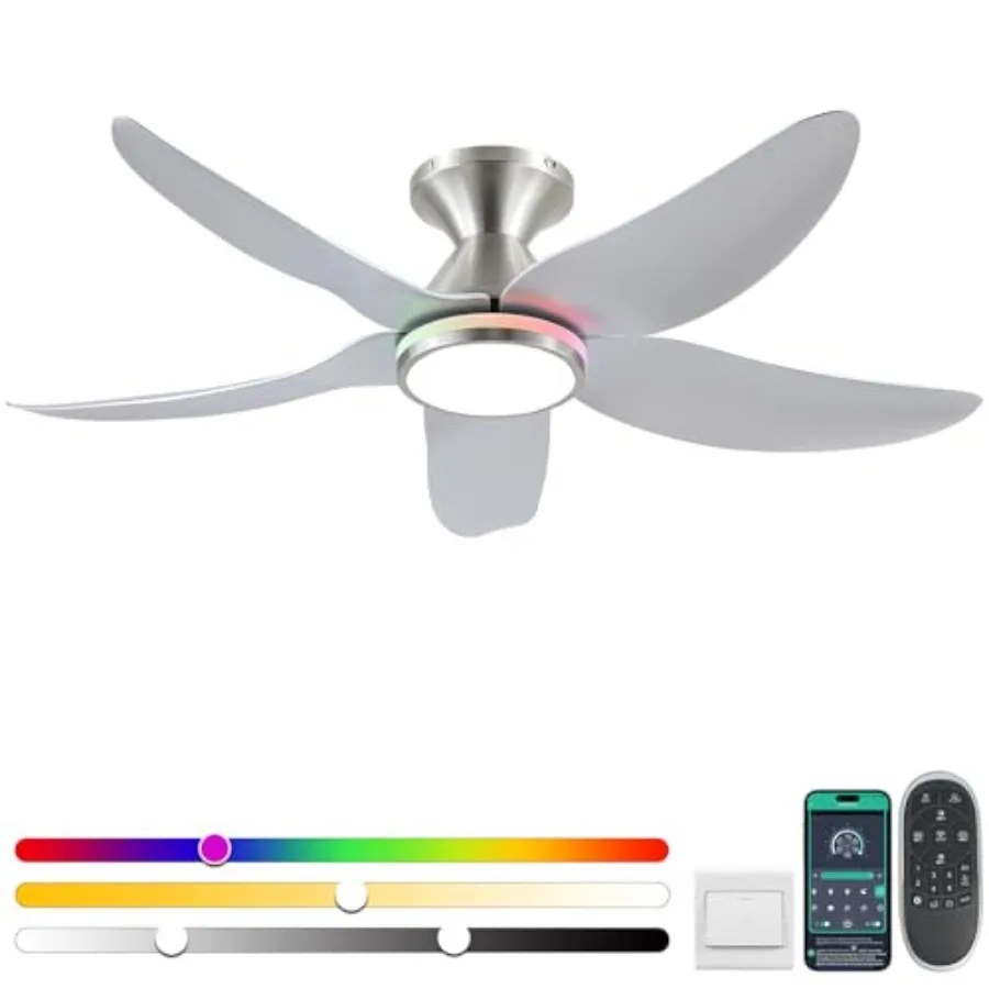

46" Ceiling Fans with Lights Remote/APP Control Low Profile Ceiling Fans with Dimmable White Colors+Ring RGB Lights 6 Speeds 5
