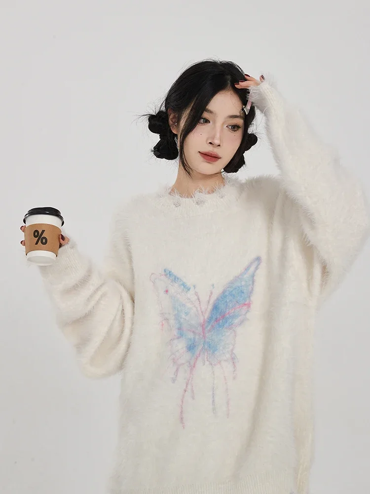

Винтажный Harajuku Butterfly Sueter Mujer, гранж, вязаные женские пуловеры большого размера Y2k, эстетические повседневные свитера с отверстиями Femme