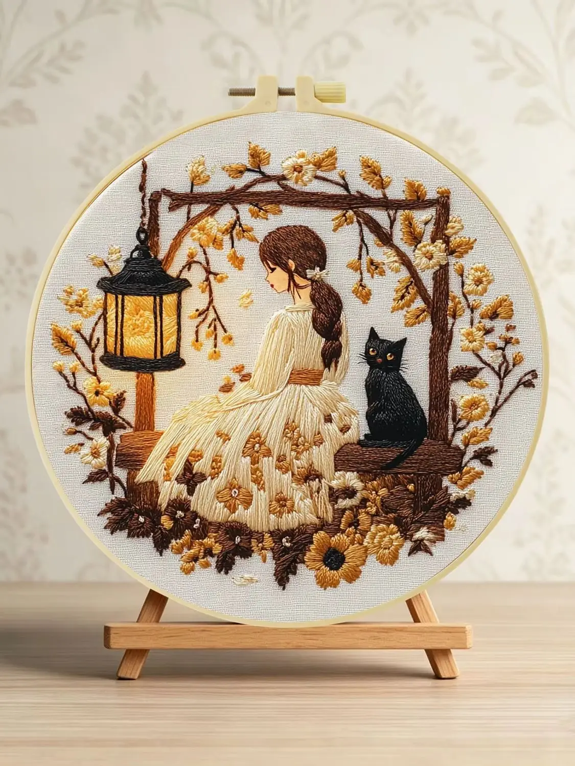 Mädchen und Katze unter einer Laterne 1 Stück DIY Stickerei-Material-Set für Anfänger Stickerei-Starter-Kit Kreuzstich-Kunst als Geschenk Nadel – Detail 1