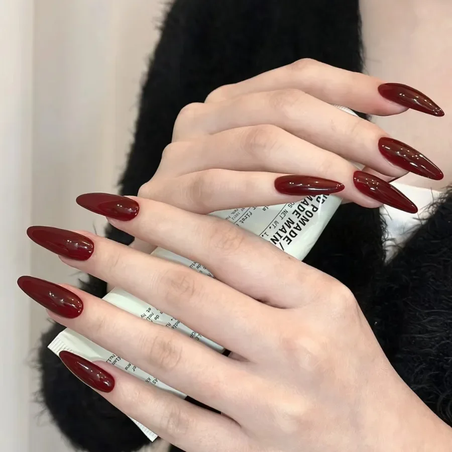 

24Pcs/set French Almond Fake Nails Artificial Full Acrylic Press On Nails Art tips Removable Nail Supplies Red Glossy False Nail