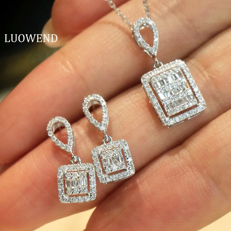 LUOWEND 100% 18K White Gold Earrings Luxury Shiny Design Real Natural Diamond Drop Earrings&Necklace for Women High Jewelry Set