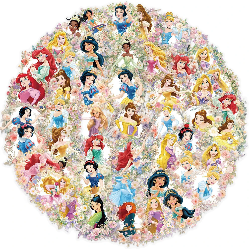 50pcs Disney Princess and Flower Aesthetic Stickers Cartoon Transparent Decals Scrapbook Luggage Phone Cute Anime Sticker Decor