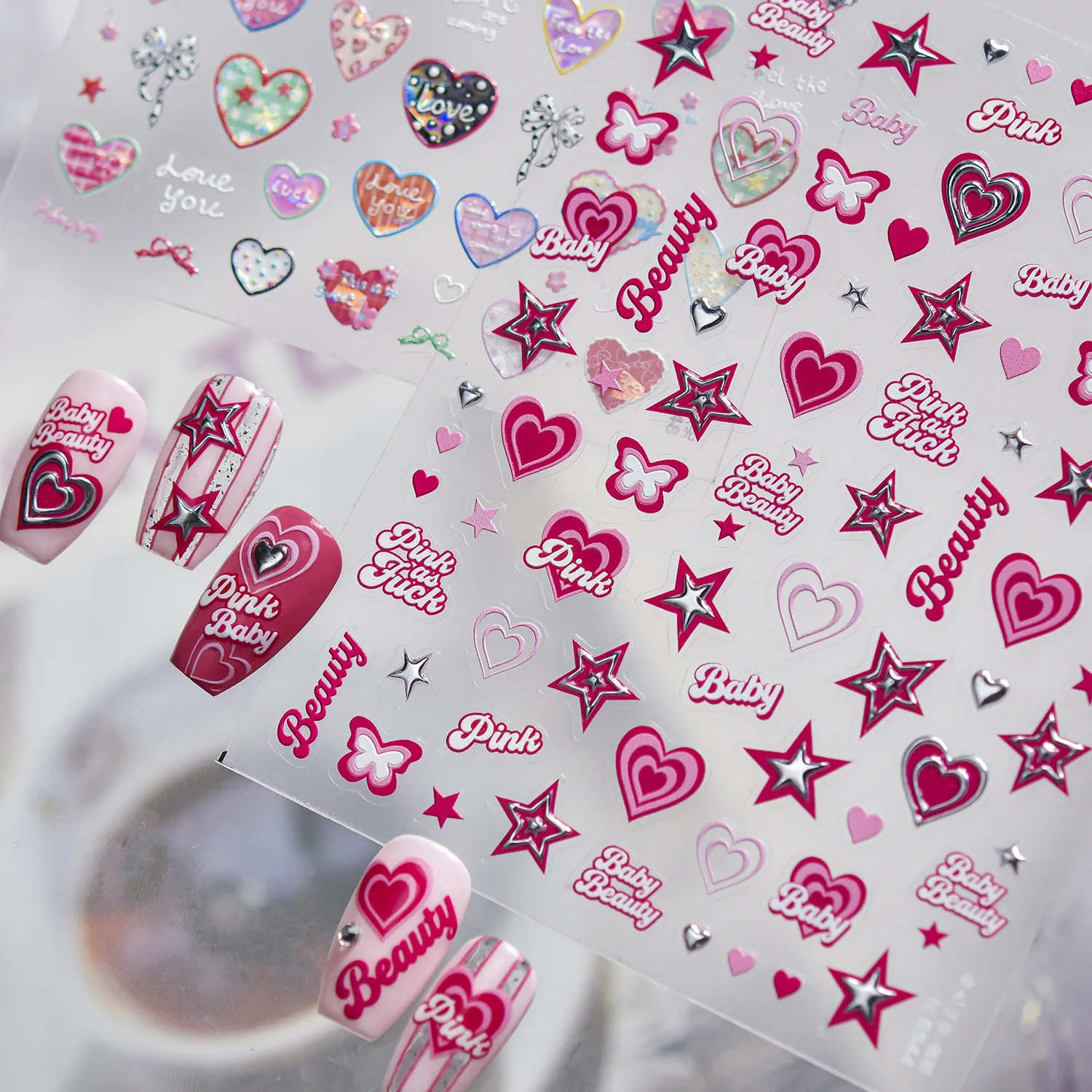 Pegatinas de Metal 5D para uñas, pegatinas adhesivas para decoración de uñas con forma de corazón, mariposa, estrella que influye, color rosa dulce, decoraciones para uñas de San Valentín