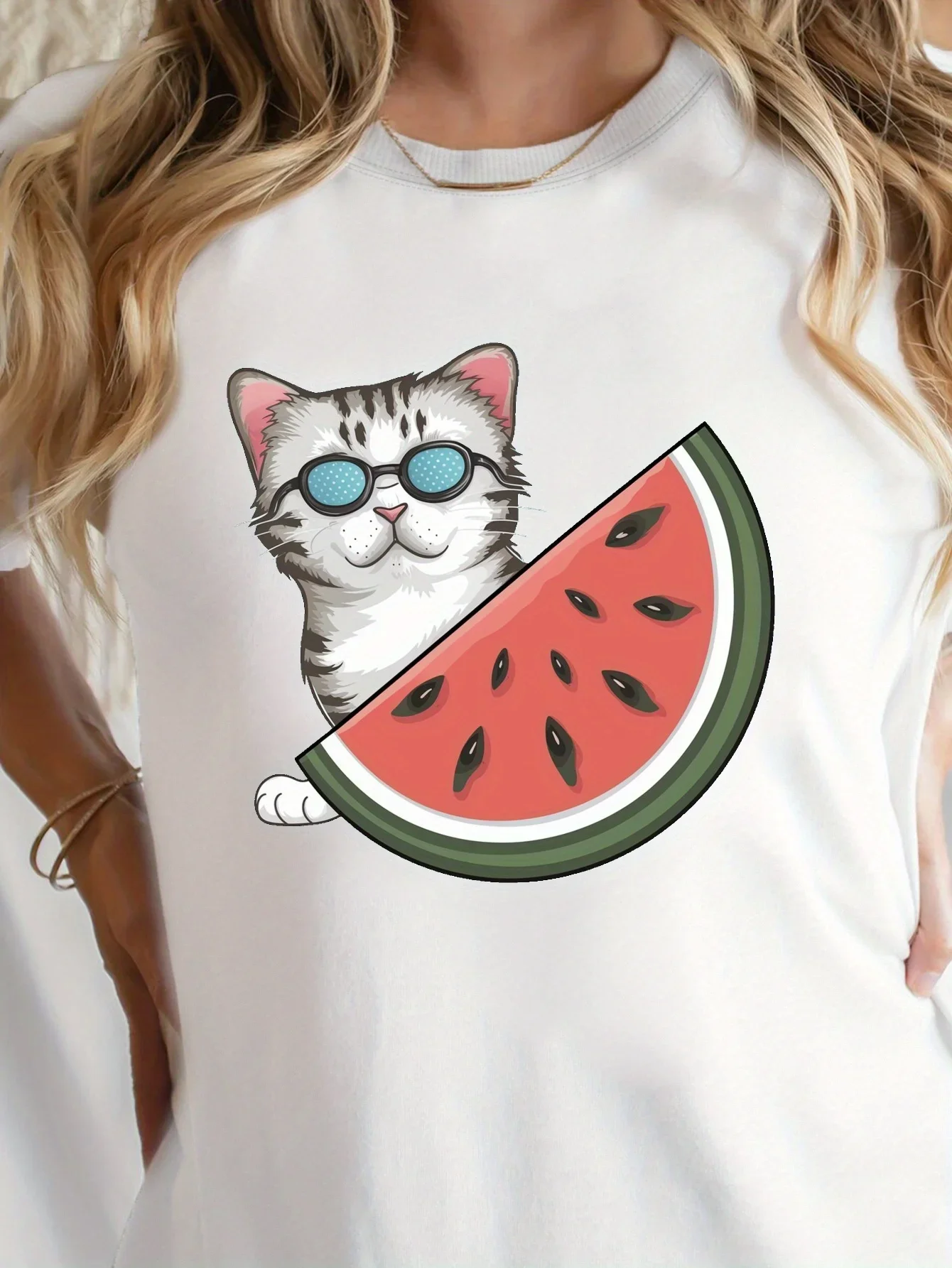

Womens T-shirt Cute Cat Print Crew Neck T-shirt Casual Short Sleeve Top for Spring & Summer Women's Clothing