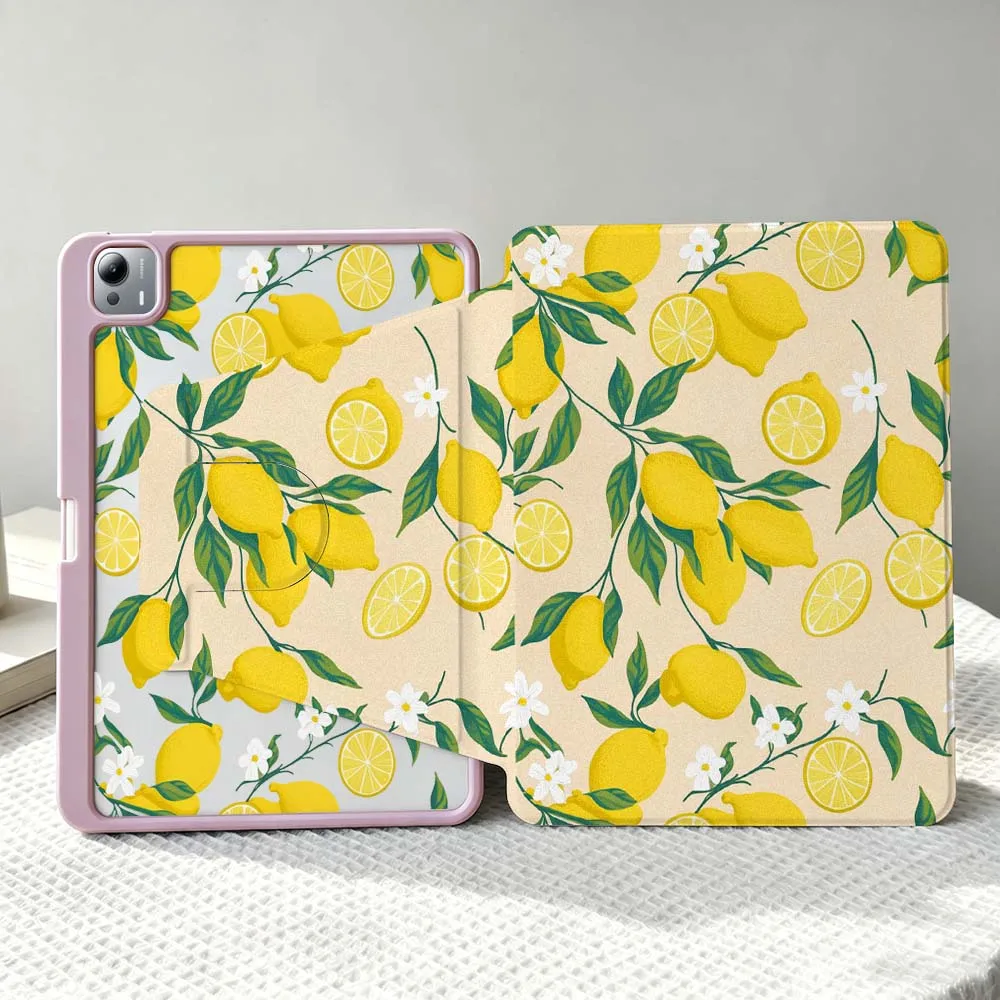 Yellow Lemon Pattern For Xiaomi Mi Redmi Poco Pad 8 7 7S 6 6S 5 SE Pro Ultra 360° Rotation Stylus Storage Tablet Case Soft