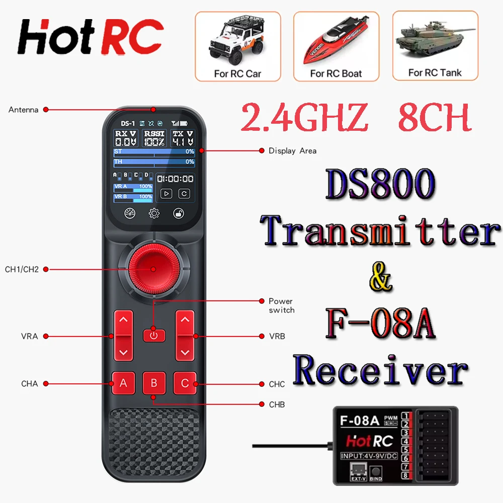 HOTRC DS800 Transmitter 2.4GHZ 8CH 2inch Color Touch Screen Remote Control F-08A F08A Receiver for RC Model Car Trawler Boat