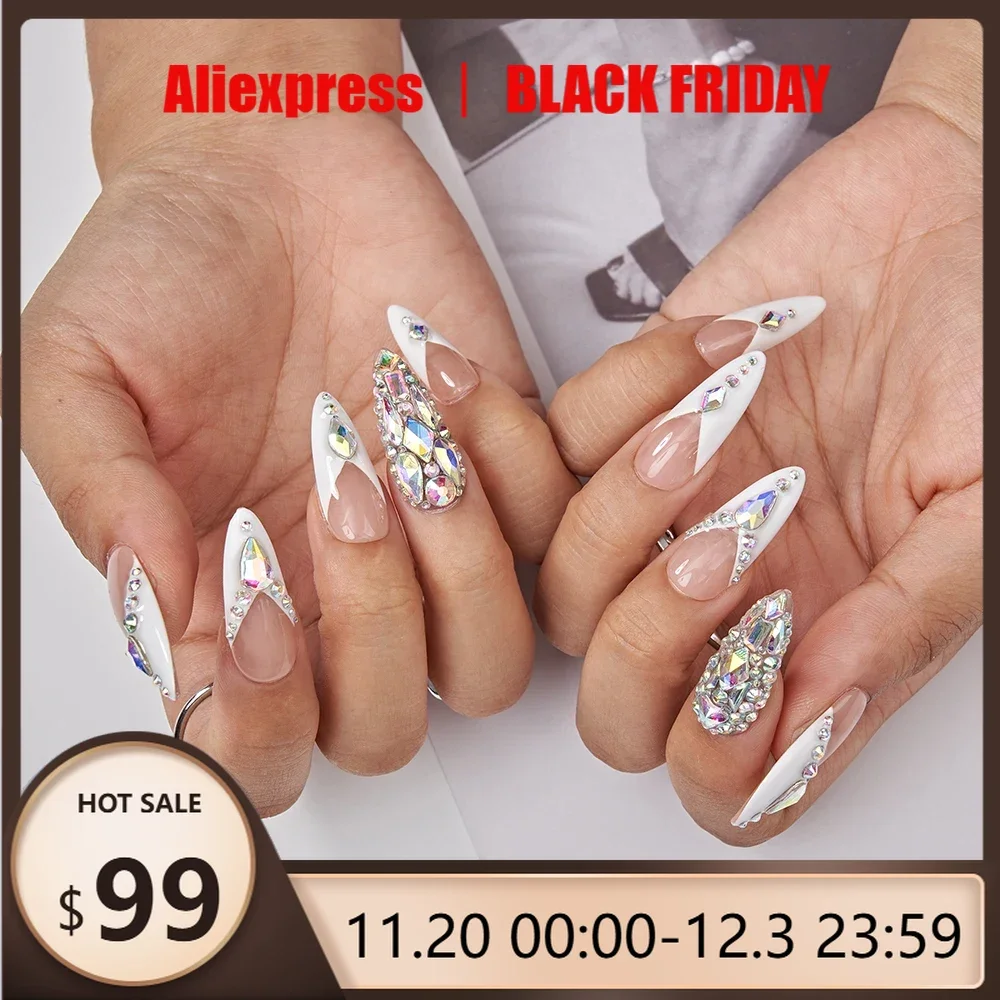 

Набор из 10 шт., роскошные сверкающие телесные миндалевидные типсы во французском стиле с полными стразами и накладными ногтями высокого класса