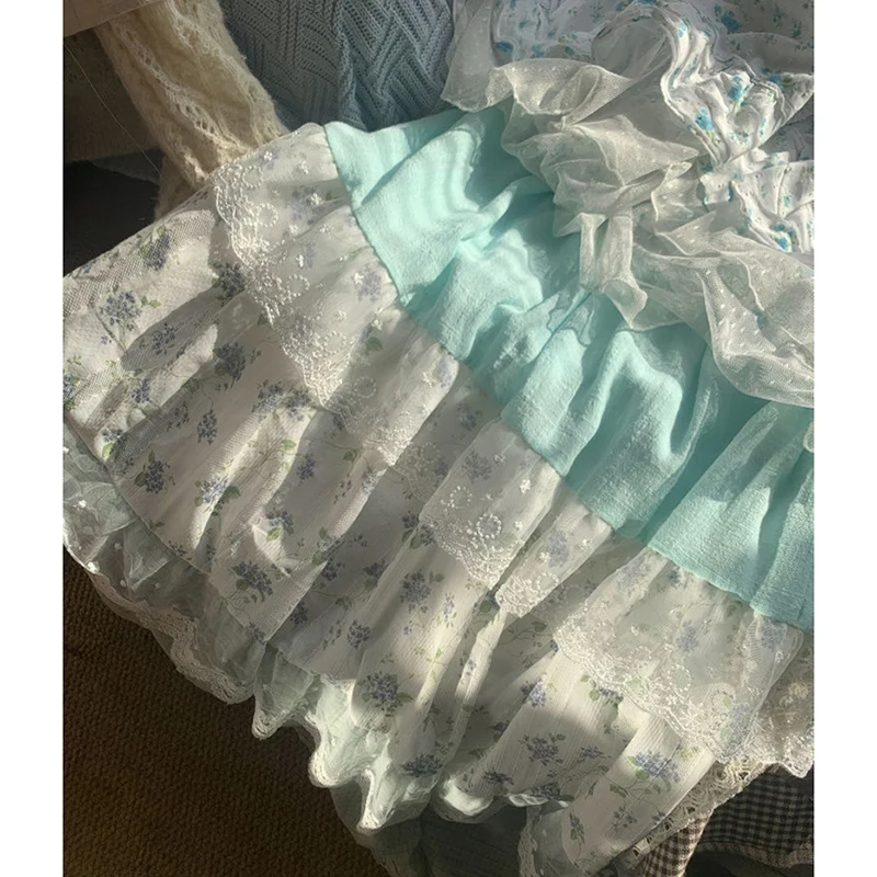 กระโปรงลายดอกไม้หวานๆ สไตล์ Preppy น่ารัก กระโปรงลูกไม้ซ้อนชั้น กระโปรงทรงเอ เอวสูง สไตล์ลำลอง เหมาะสำหรับวันหยุดพักผ่อนที่ชายหาด สไตล์ Y2K