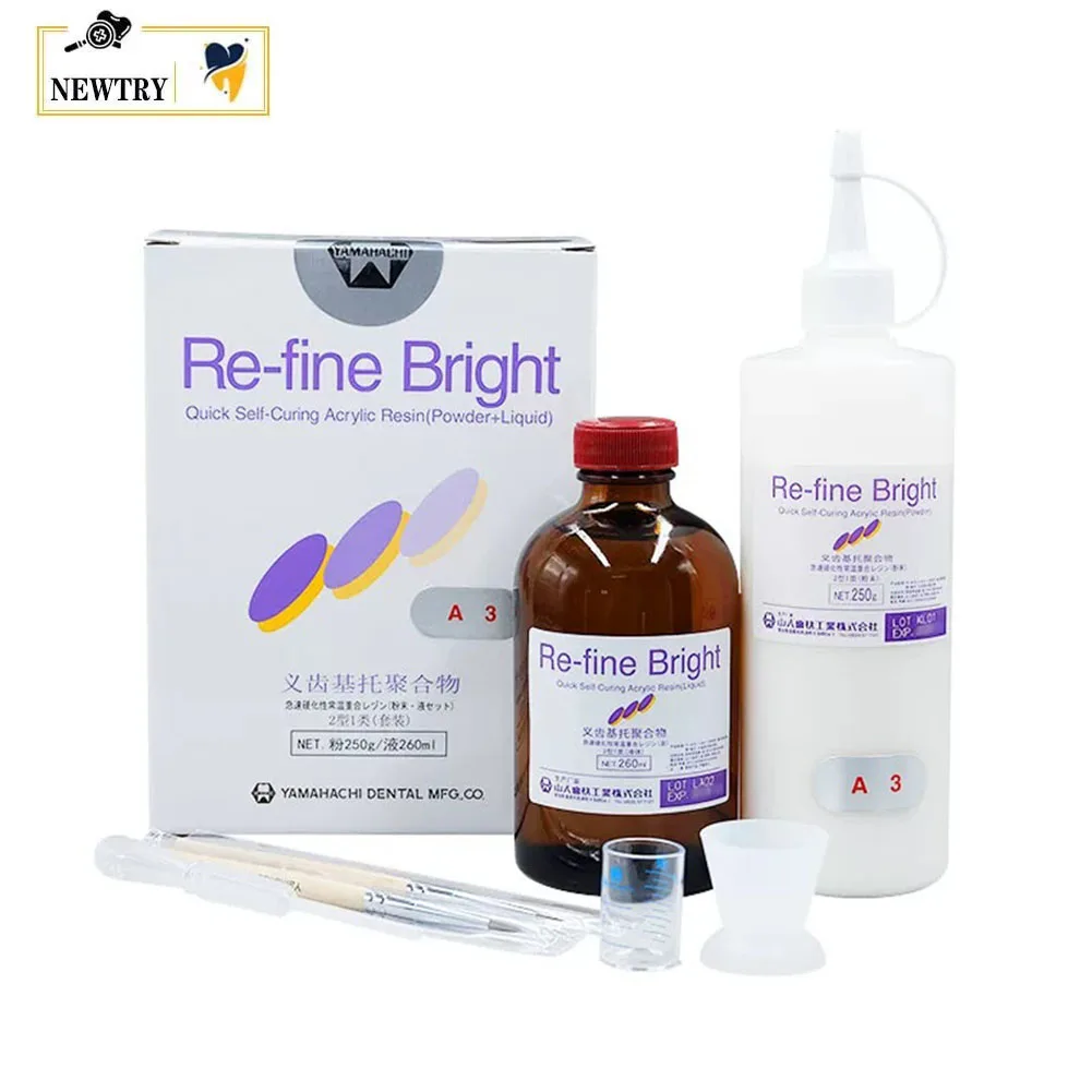 Japan YAMAHACHI Re‑fine Bright Quick Self‑Curing PMMA Acrylic Resin 250g Powder and 260ml Liquid Denture Base Polymer All Shades
