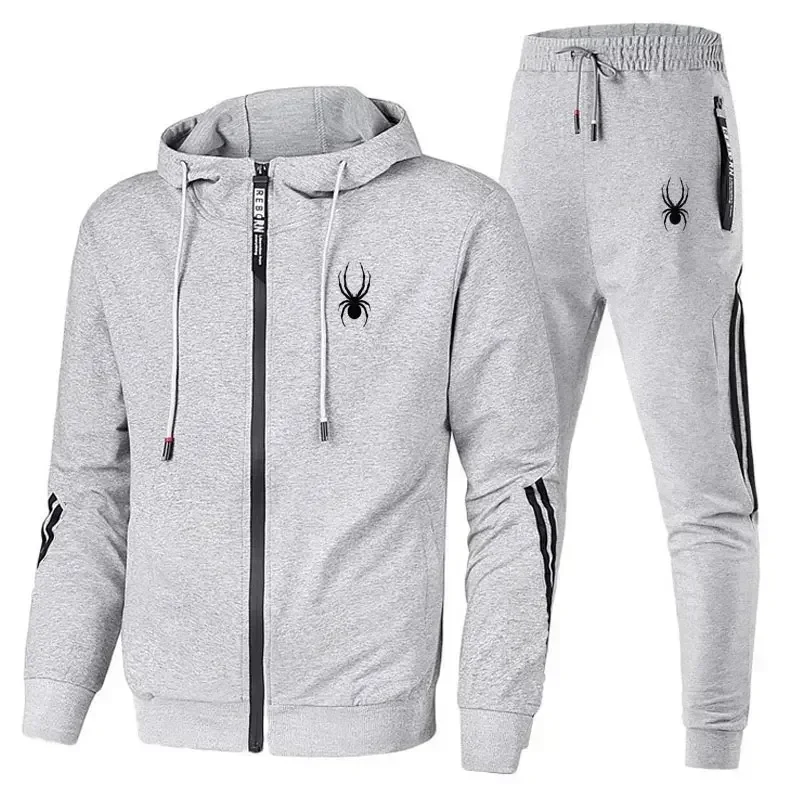 Spring Autumn Men Tracksuit 2-Piece Breathable Full Zip Hoodie & Striped Jogger Pants Casual Running Fitness Sportswear