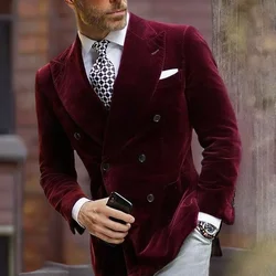 Velvet Wedding Blazer for Men Double Breasted Dinner Smoking Suit Jacket Burgundy Elegant Coat 2024 In Stock