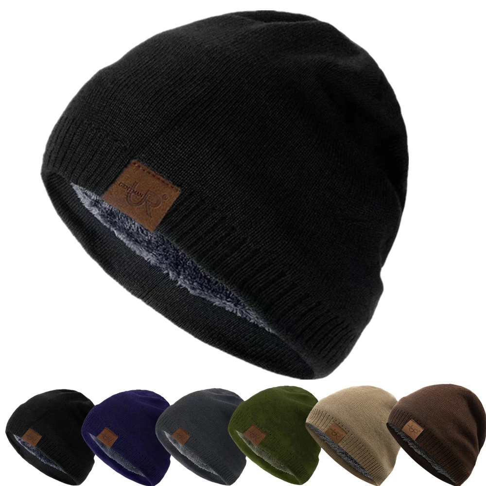 

Unisex URGENTMAN Labal Winter Hats Solid Color Knitted Hats For Men And Women Beanie Cap Outdoor Add Fur Lining Warm Sports Hats