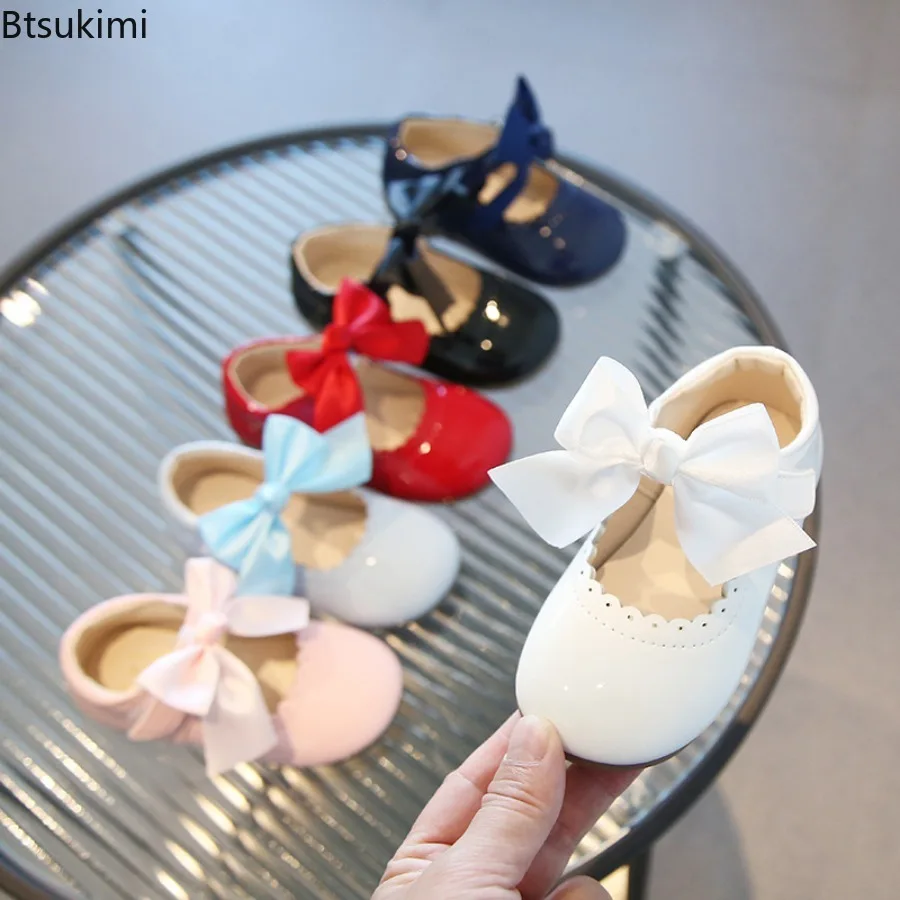 New Toddlers Girls Shoes Children's Flats PU Patent Leather Kids Dress Shoes Soft Cute Princess Sweet with Butterfly-knot Shoes