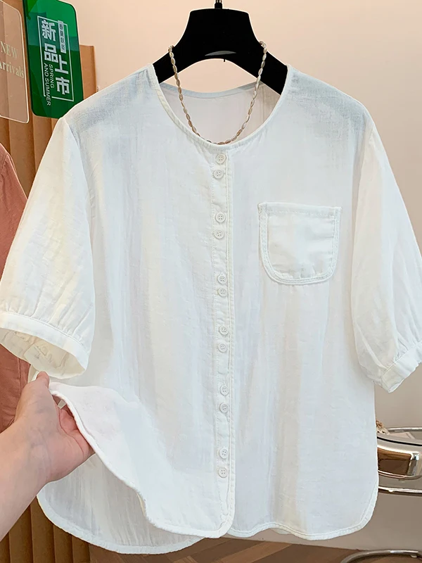 

Loose Fit Cotton Shirt Single Pocket round Neck Short Sleeve Color plus Size Women's Summer Slimming Top Artistic Style