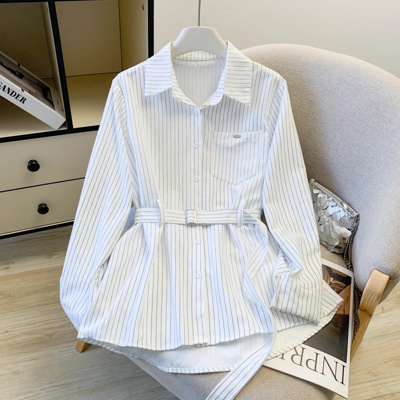 

Модные полосатые элегантные офисные рубашки RAIN YAN LIN для женщин: весенний кардиган с отложным воротником, длинным рукавом, приталенный, повседневный, универсальный топ