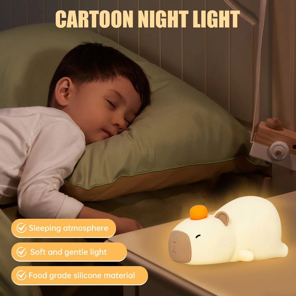 Cute Capybara Night Light Children's Silicone Nightlight Gift USB Rechargeable Animal Touch Bedside Sleep Lamp Decoration