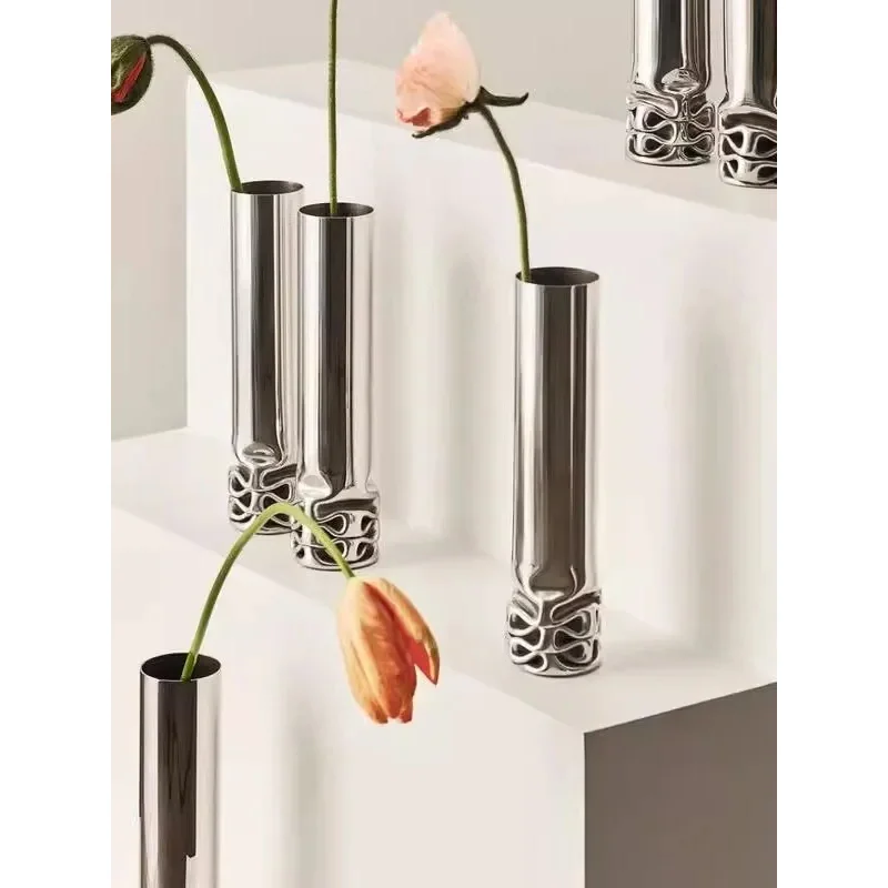 Artistic Creativity Design Stainless Steel Slender Long Northern Europe Light Luxury Living Room Desktop Decoration Vase