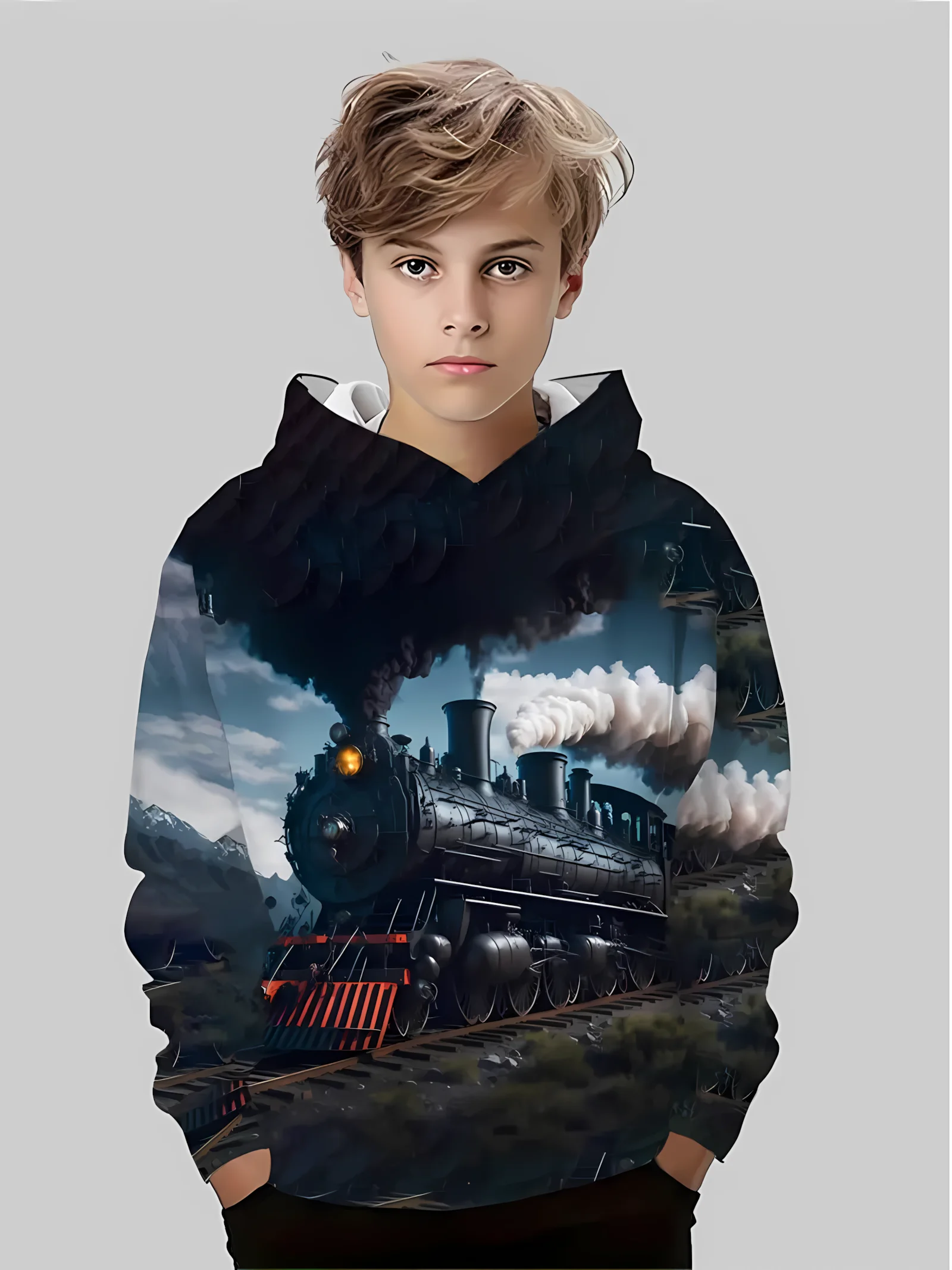 سترة بقلنسوة جديدة مريحة للأطفال لخريف 2025 مع نمط قطار بخاري ثلاثي الأبعاد مطبوعة ملابس الشارع الشهير بلوفر كاجوال #1