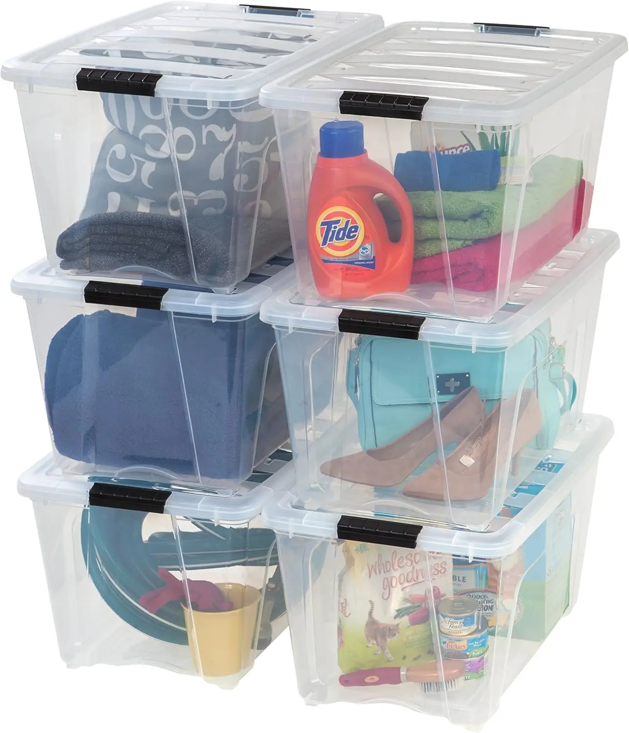 54 Quart Stackable Plastic Storage Bins, 6 Pack - BPA Free, Made in the USA - Clear Organization Solution, Secure Pull Handles