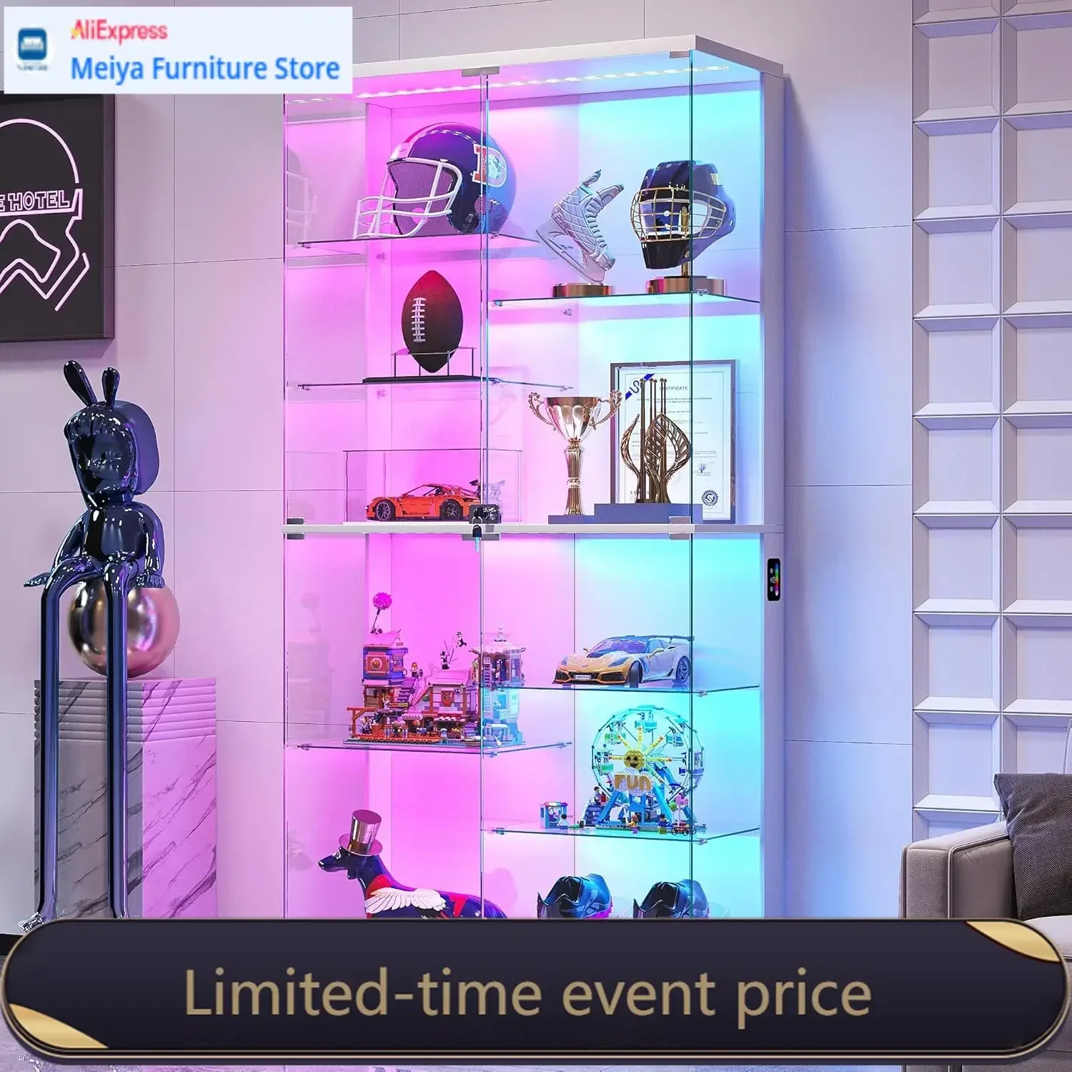 71 Inch 10 Tier White Frameless Curio Display Cabinet RGB Lights Human Body Sensor Lockable Shelf Collectibles Showcase Living R