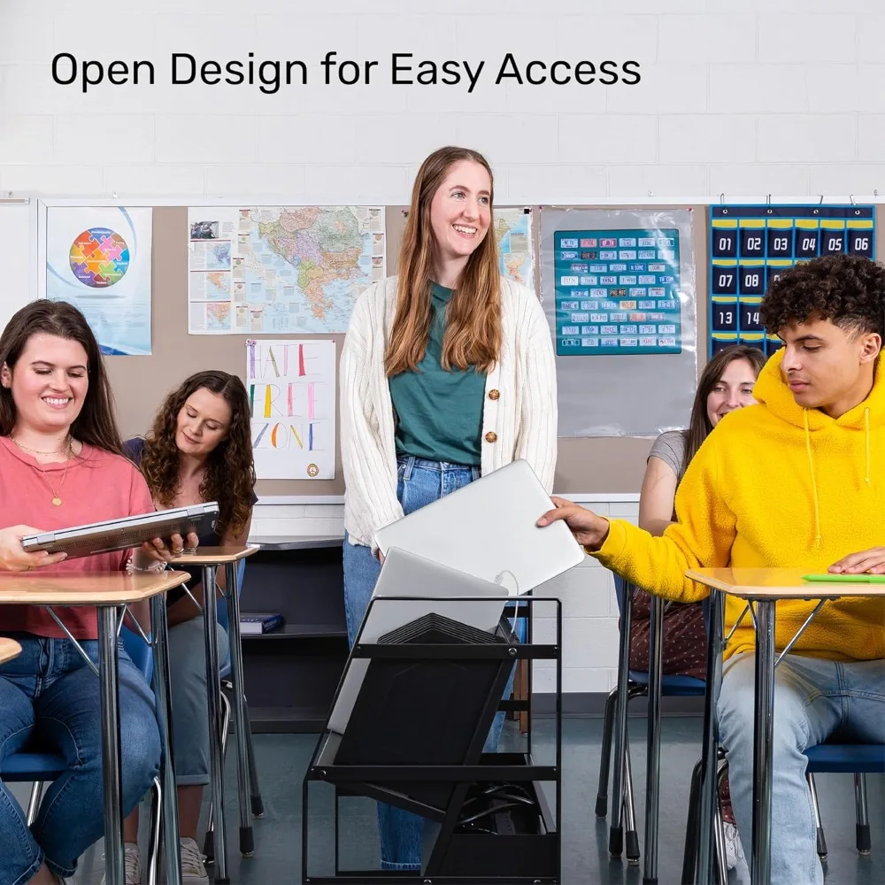 عربة محطة شحن متنقلة لـ 16 جهازًا لأجهزة الكمبيوتر المحمول والأجهزة اللوحية وأجهزة Chromebooks بتصميم مفتوح مع فواصل للحماية من زيادة التيار المحمولة