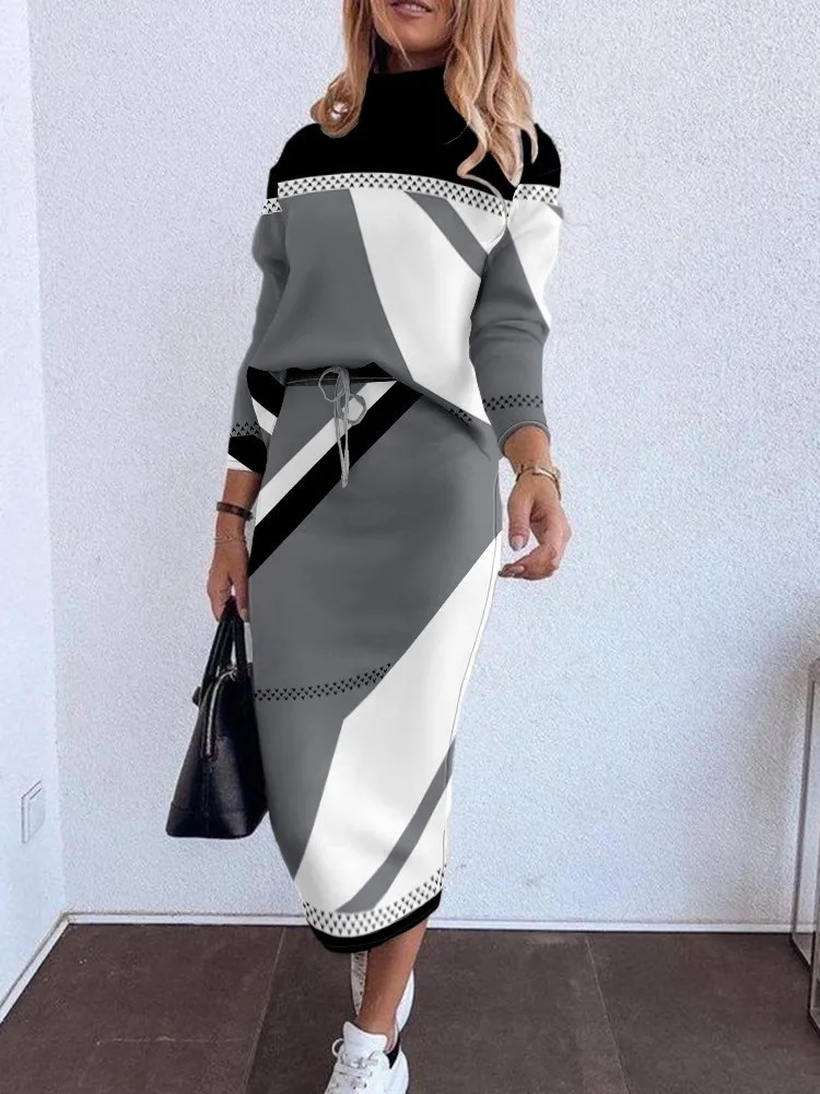 2 Piece Set Elegant Skirt Women Outfit Fall Winter Fashion Geometric Print Long Sleeve Sweatshirt & Casual Drawstring Skirt Sets