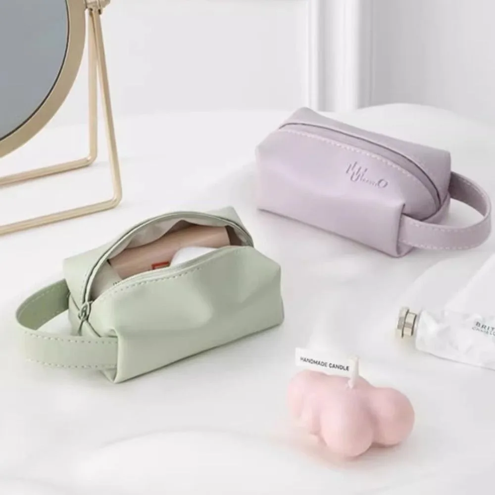 

Portable Mini Cosmetic Container Simple Handle Water-resistant Bath Storage Case Jewelry PU Leather Travel Toiletry Bag Travel