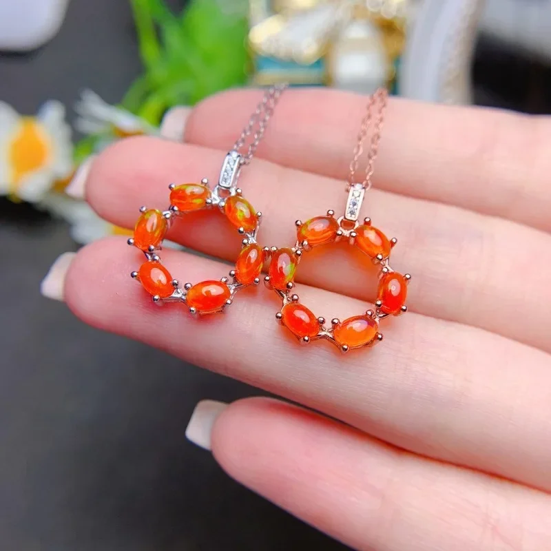 Real 925 Sterling Silver Pendant Women Natural Fire Orange Opal Unique Stylish Anniversary Party Gift Fine Jewelry