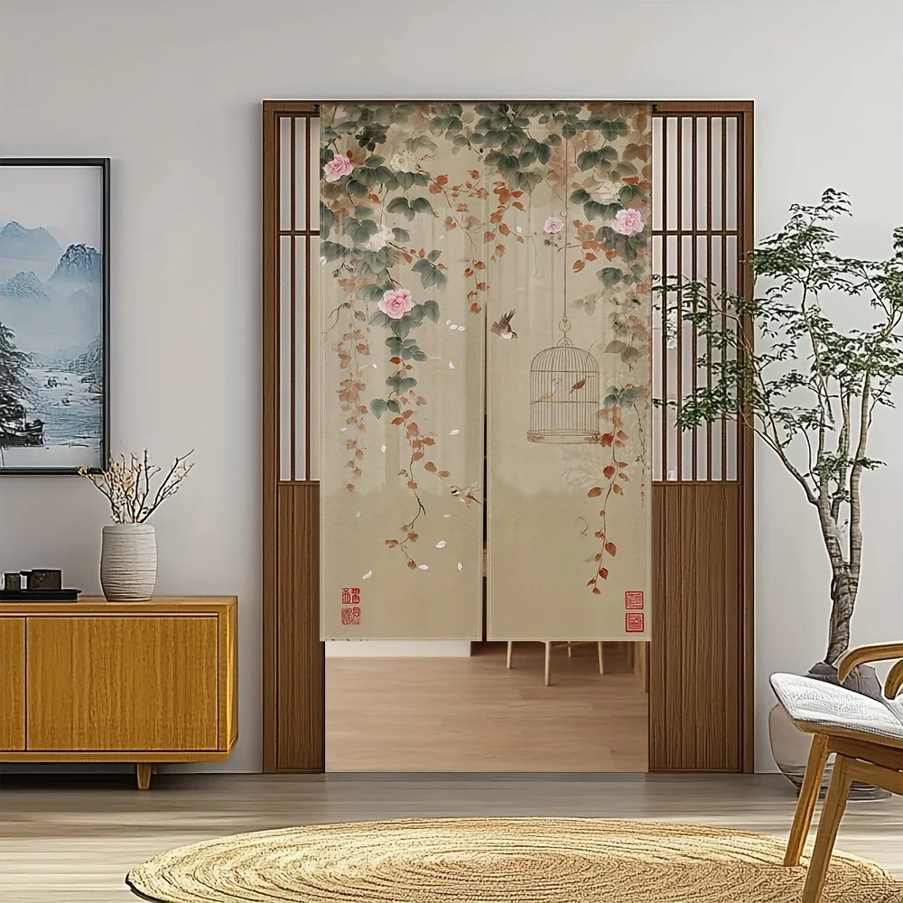 

chinese floral birdcage print door curtain polyester for kitchen dining area balcony seasonal decor non-toxic material