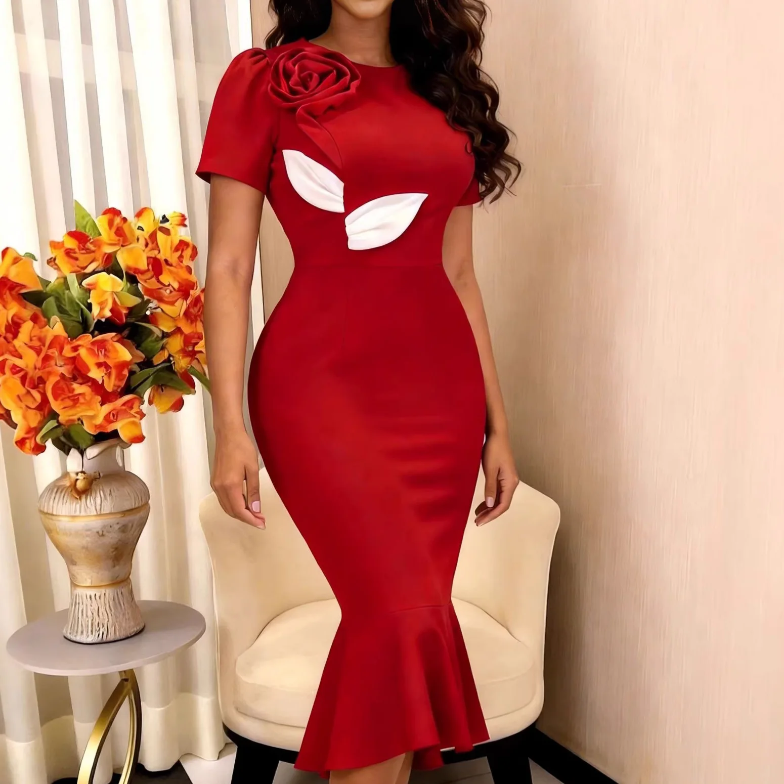 

Women Dresses Solid Mermaid Dress 3D Floral Round Neck Short Sleeve Mid Calf Length Empire Cinched Waist Casual Slim 2026 Spring