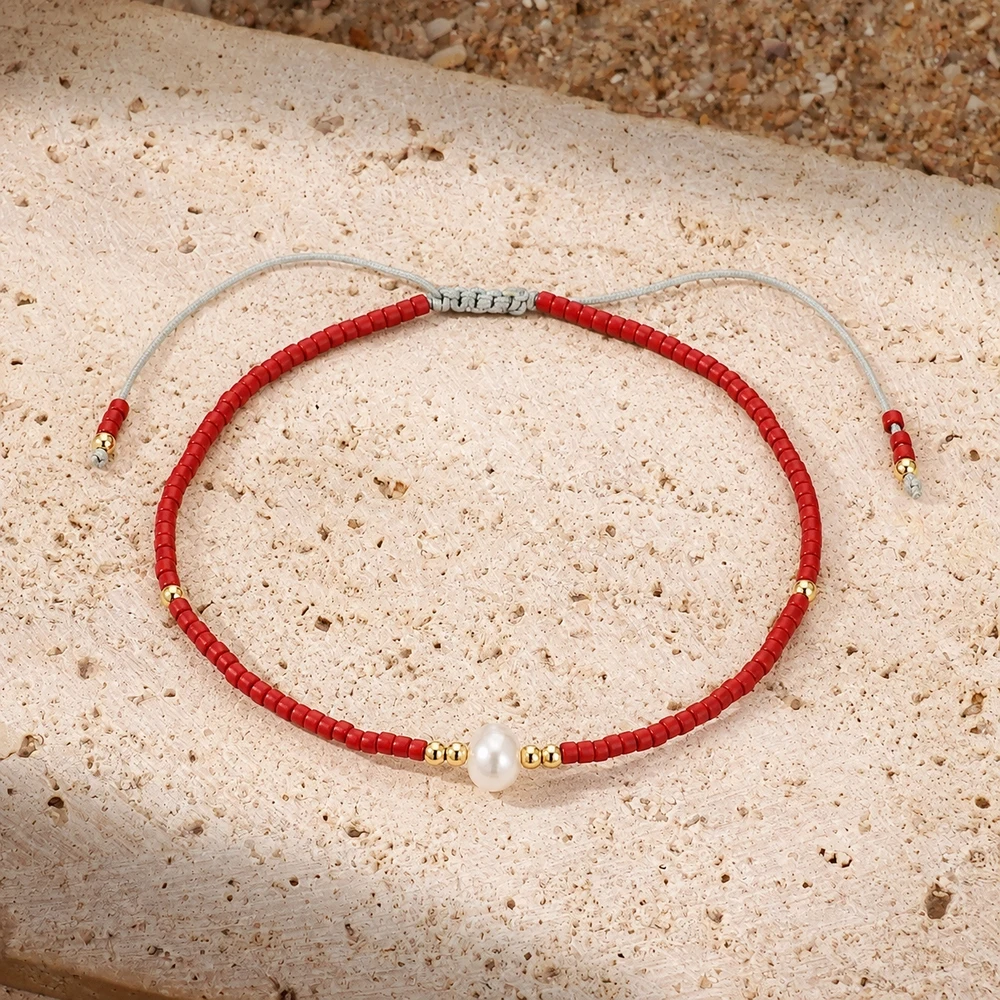 1pc Adjustable Red Beaded Strand Bracelet with Baroque Freshwater Pearl Gold Color Accent for Women Bohemian Style
