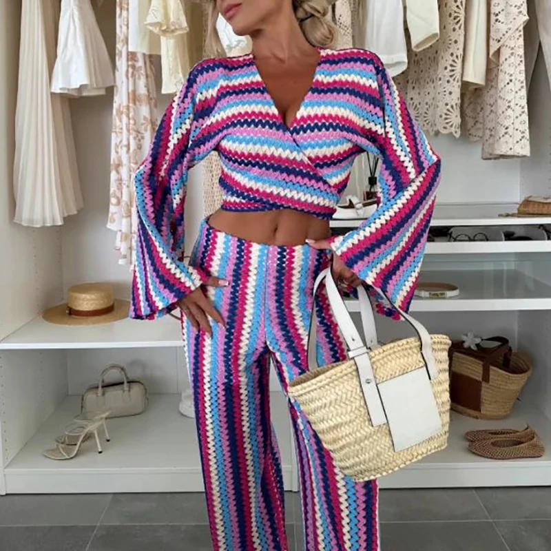 

Colorful Striped Printed Long Sleeved Beach Suit Knitted Hollow Lace Up Casual Outfit Sexy V Neck Crop Top+Pants Summer 2pc Set