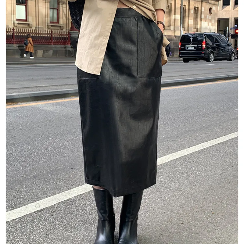 High Waist PU Leather A-Line  Skirt Autumn Style Elegant Back Split Casual High Waist Standard Fit Midi Skirt for Women