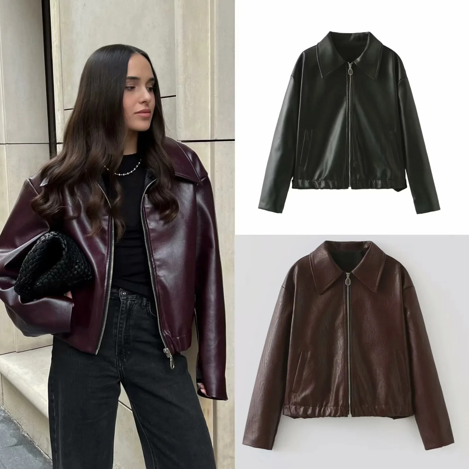 

KIDCRKJ Vinatge Women Leather Jacket Turn Down Collar Zipper Fly Loose Fit Lady Bomber Coat Instagram-Style Female Pilot Jacket