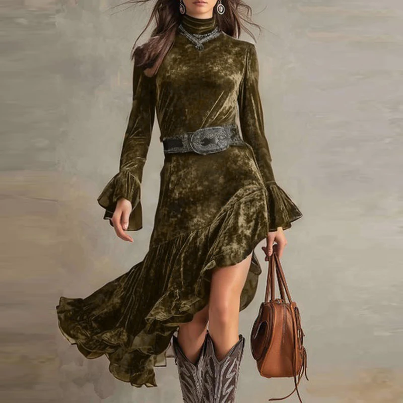 Fall Winter Turtleneck Solid Velvet Long Dresses Woman Sexy High Waist Ruffle Irregular Dress Vintage Flare Sleeve Pleated Dress