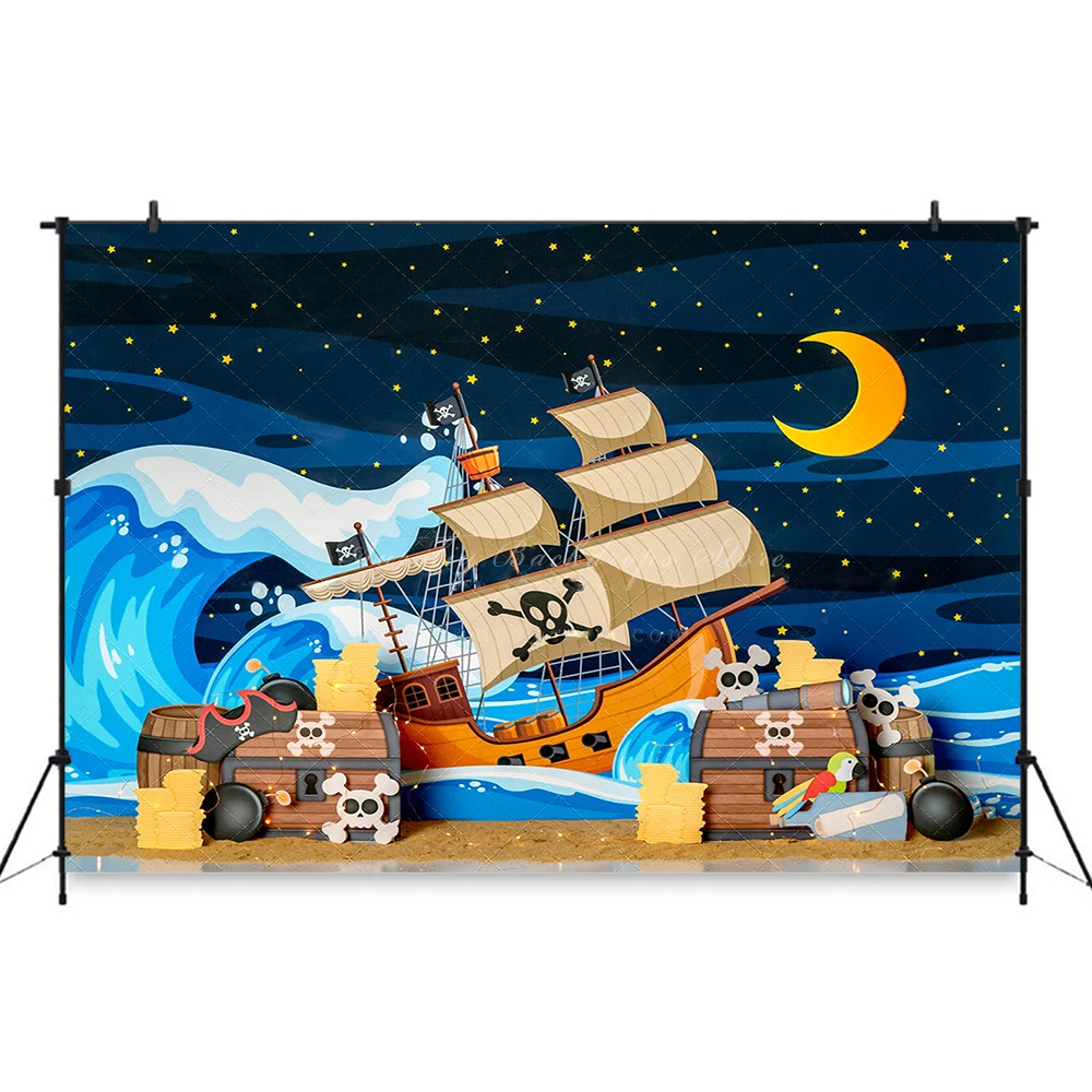 Pirate Ship Treasure Backdrop Sea Night Kids Baby Cake Smash Photography Props Child Birthday Decor Studio Backgrounds