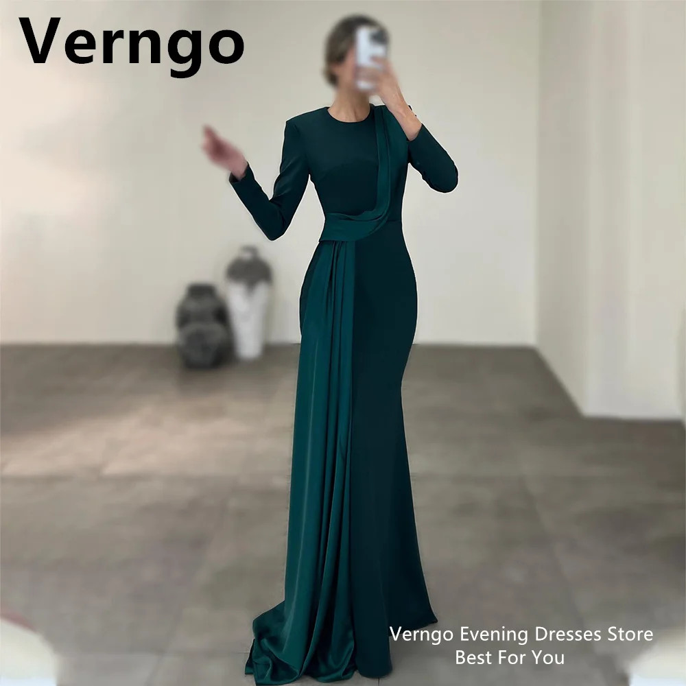 Verngo Green/Black/White Stretch Frabic Prom Gowns O Neck Full Sleeves Dress For Women Occasion Simple Mermaid Outfit