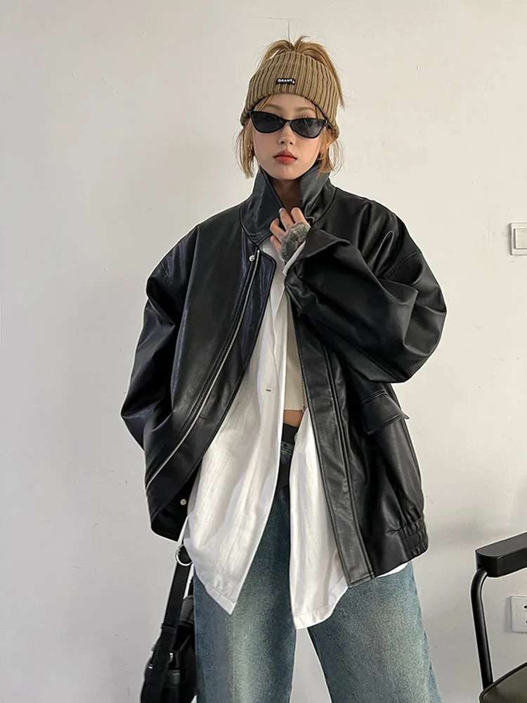 جاكيت نسائي من الجلد الصناعي ، معطف بني للدراجات النارية ، ملابس خروج كورية فضفاضة للشارع ، ربيع وخريف للإناث ، جديد ، عتيق ،