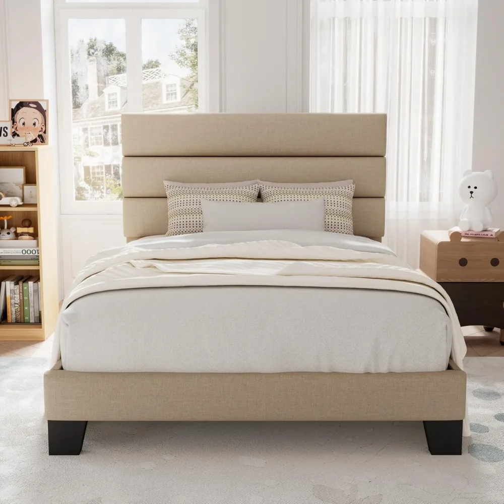 Allewie Twin Size Platform Bed Frame with Fabric Upholstered Headboard and Wooden Slats Support, Fully Upholstered Mattress Foun