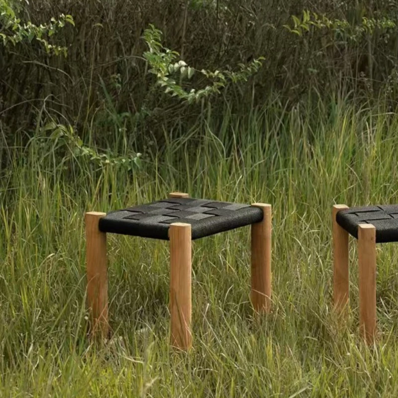 Solid wood stool, hand-braided rope elm dressing stool