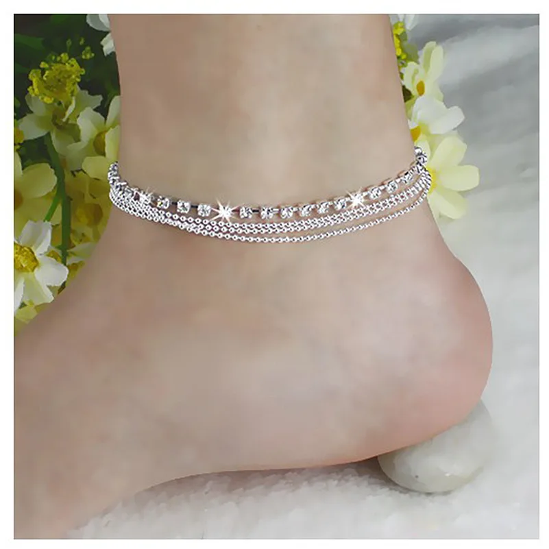 Silver Color Crystal Zircon 3 Rows Beads Anklet for Women New Fashion Chain Multilayer Rhinestones Foot Crystal Jewelry