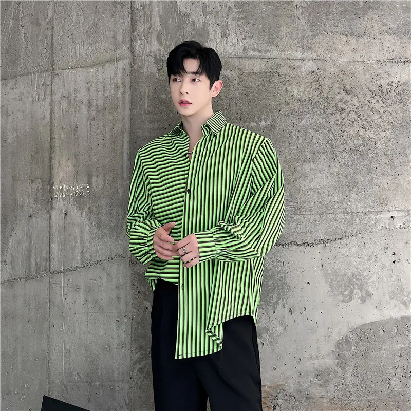 

2024 Men Spring Autumn New Korean Loose Striped Shirts Male Fashion Long Sleeve Casual Shirt Mens Lapel Oversized Blouses F262