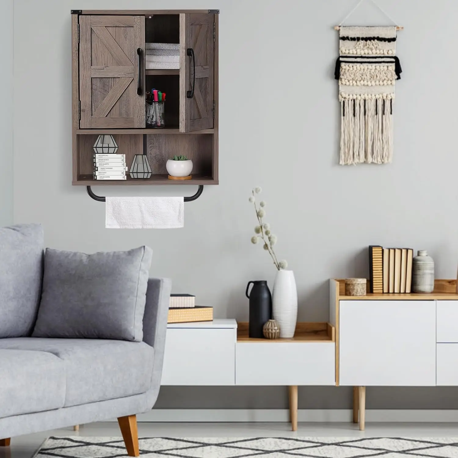 Farmhouse Wall Storage Cabinet with Two Barn Door, Rustic Mounted Medicine Cabinet with Adjustable Shelf and Towel Bar