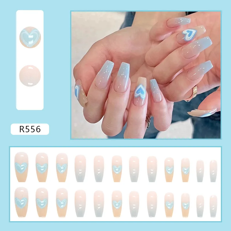 24pcs Long Heart Blue Gradient Beach Nails Press Ons with Charms Sweet Girls Square Wear Nail with Tools Korean False Nails Tips