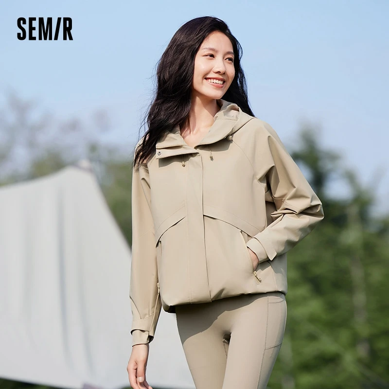 Semir Jacket Women Mid-Length Jacket Sleeves Loose-Fit Waterproof Oil-Resistant Stain-Resistant 2024 New Autumn Hooded Jacket