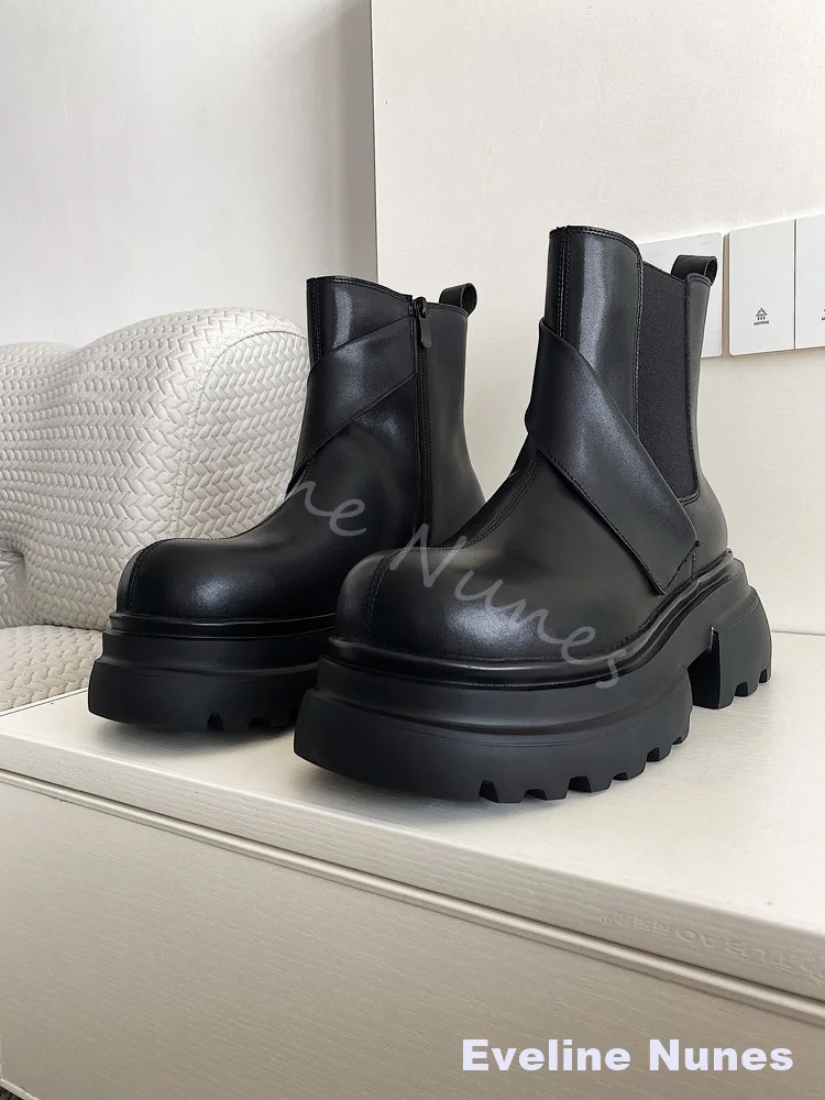 New Autumn/winter Fleece-lined Mid-calf Boots Men Black Leather Platform Slip On Stretch Boots Fashion Cool Stylish Ankle Boots